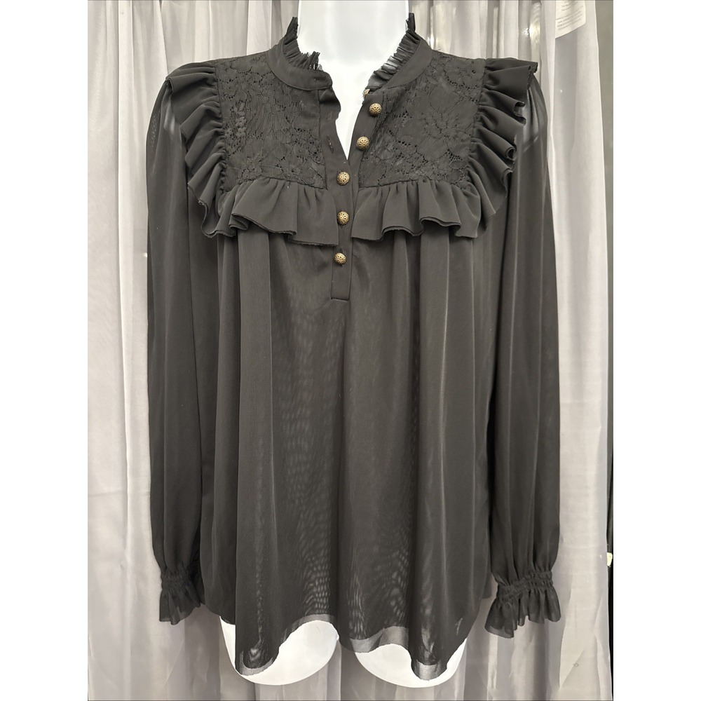 Anthropologie Black Lace Ruffle Top XS Mesh Sleeve Blouse Romantic